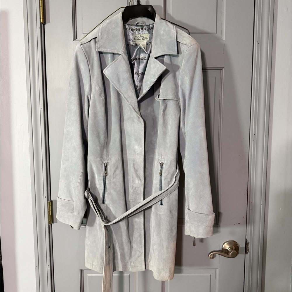 Vintage Y2K Bradley Bayou Genuine Leather Trench Coat Belted icy blue Women’s L - Picture 1 of 7